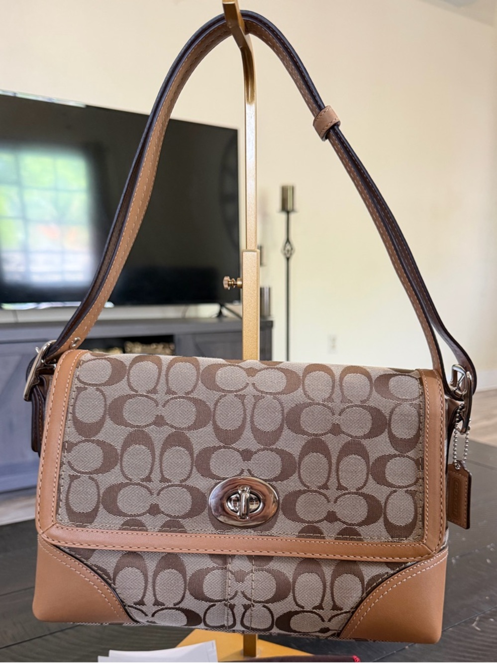 Coach Hampton signature flap bag f13066 circa 2008 khaki/camel silver hardware